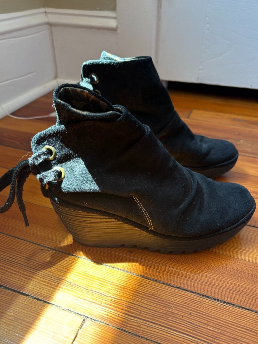 Fly London black suede platform shoes